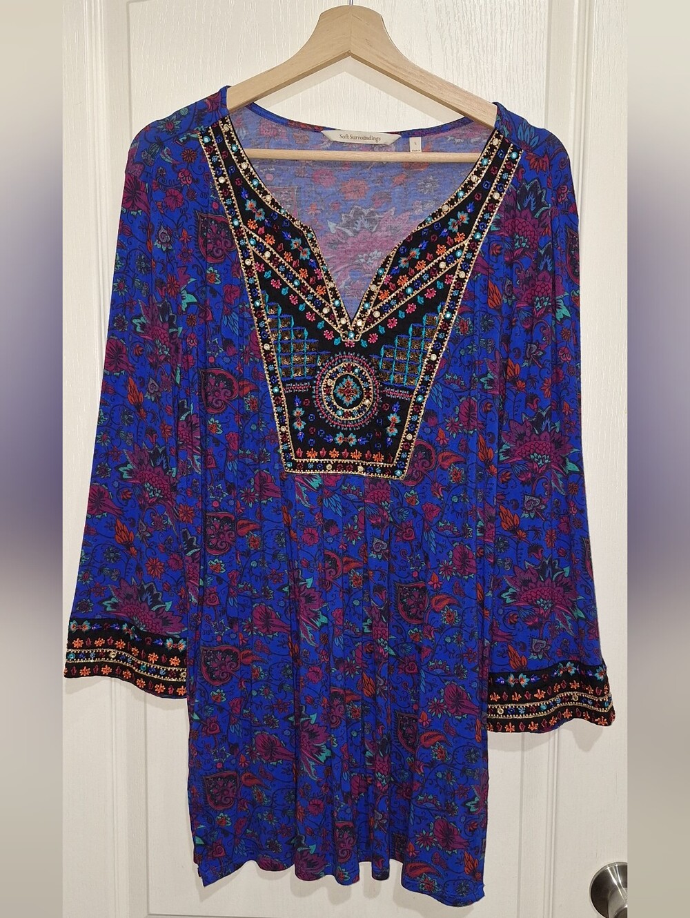Soft Surroundings Royal Blue Boho Beaded Embroidered Artsy 3/4 Sleeve Tunic Sz L